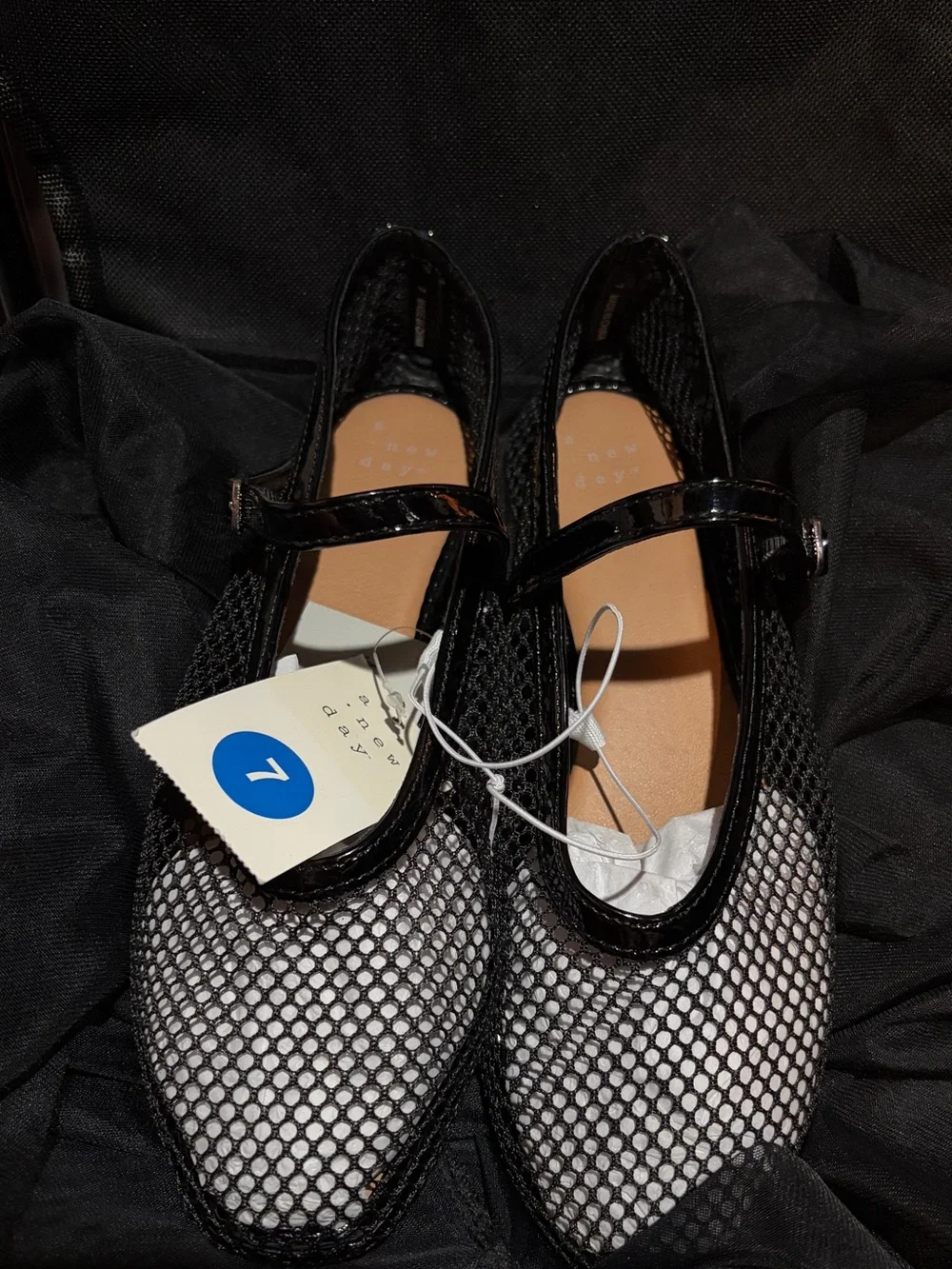 a new day Black Mesh T-Strap Flats with Patent Trim
